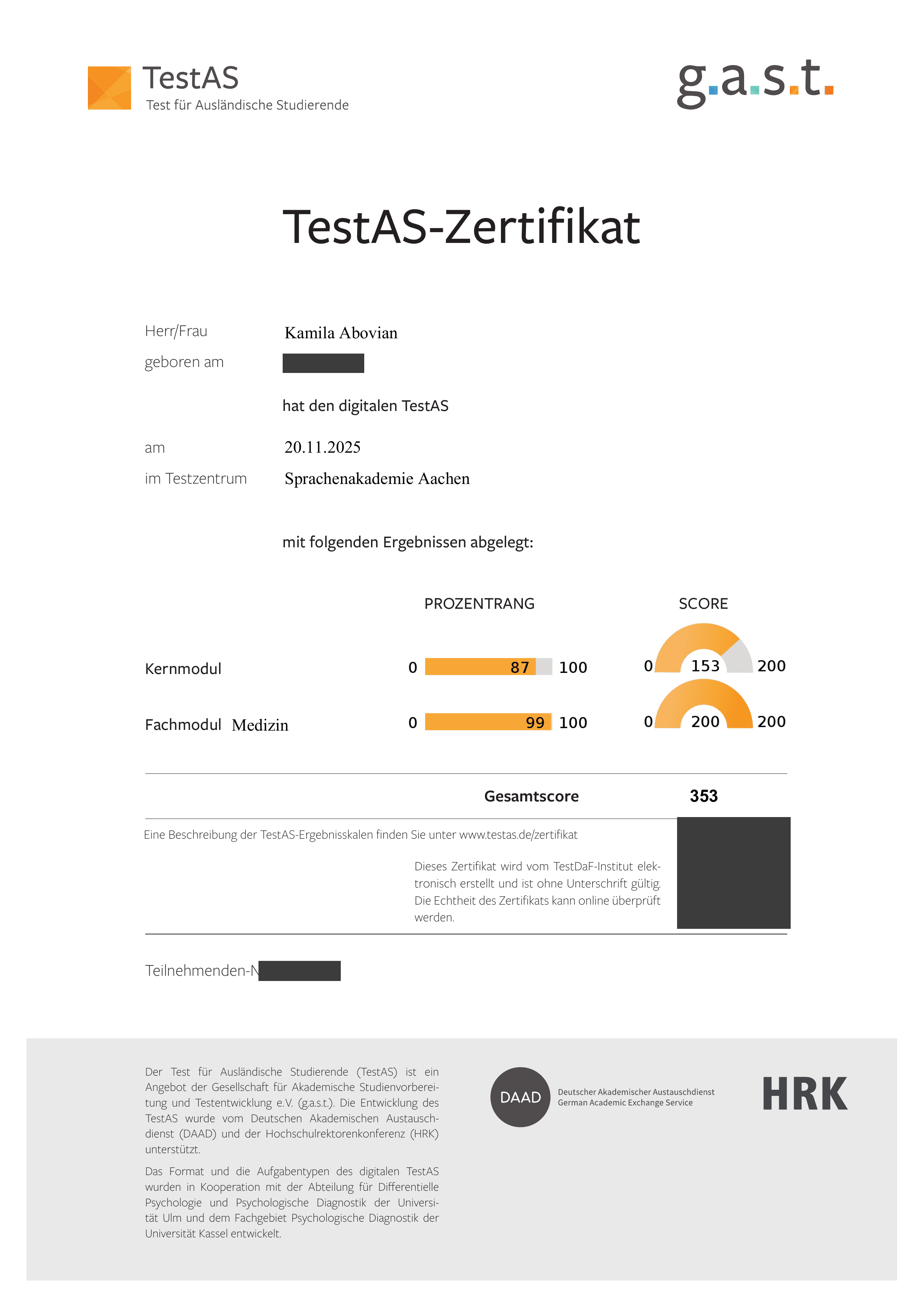 Kamila's official TestAS Digital certificate, showing her Kernmodul and Fachmodul Medizin percentile results